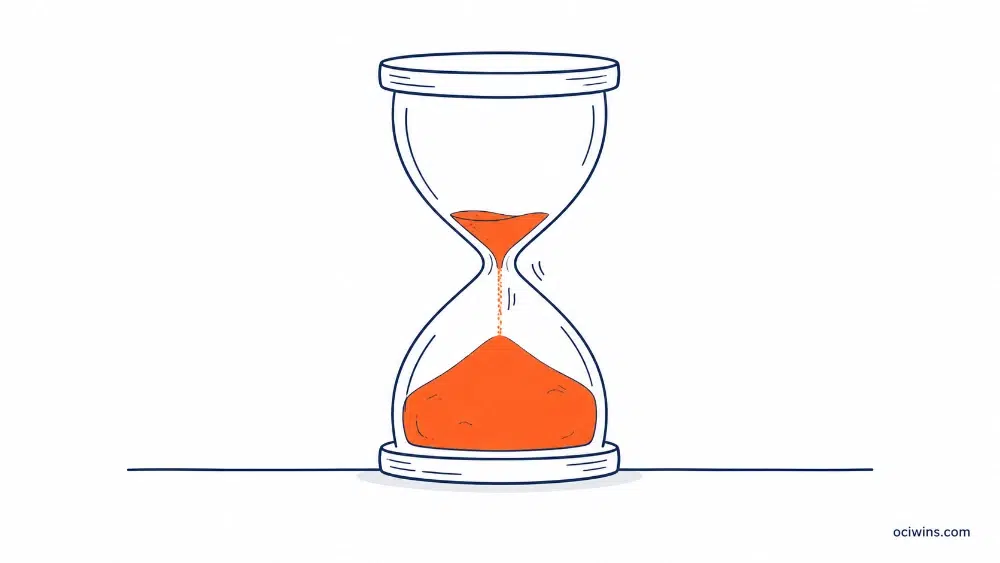 Line-art illustration of an hourglass with orange sand running out, representing the lost time when incumbents delay recompete preparation in the contract extension vs recompete decision Line-art illustration of an hourglass with orange sand running out, representing the lost time when incumbents delay recompete preparation in the contract extension vs recompete decision