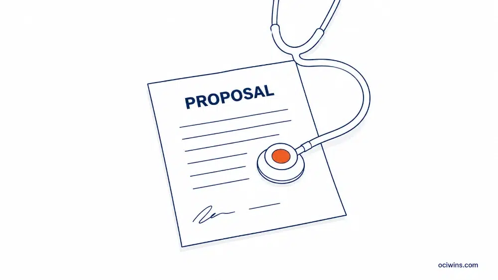 Line art illustration of a stethoscope examining a 22Proposal22 document representing a self assessment check for signs of incumbent itis before a federal contract recompete