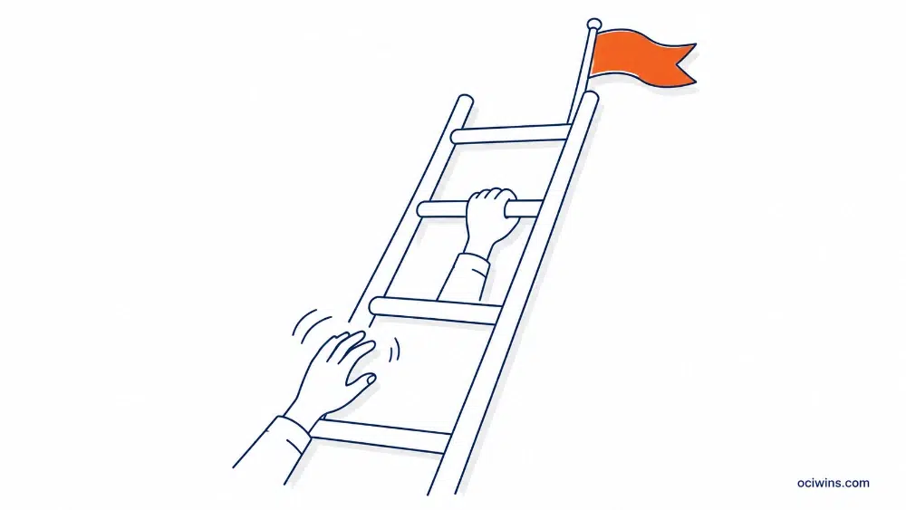 Line art illustration of one hand losing grip on a ladder rung while another hand climbs past it toward a flag at the top representing the risk of losing a federal contract recompete to a competitor